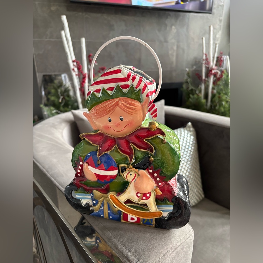 Vintage painted tin type 10 inch cute elf Christmas candle box holder